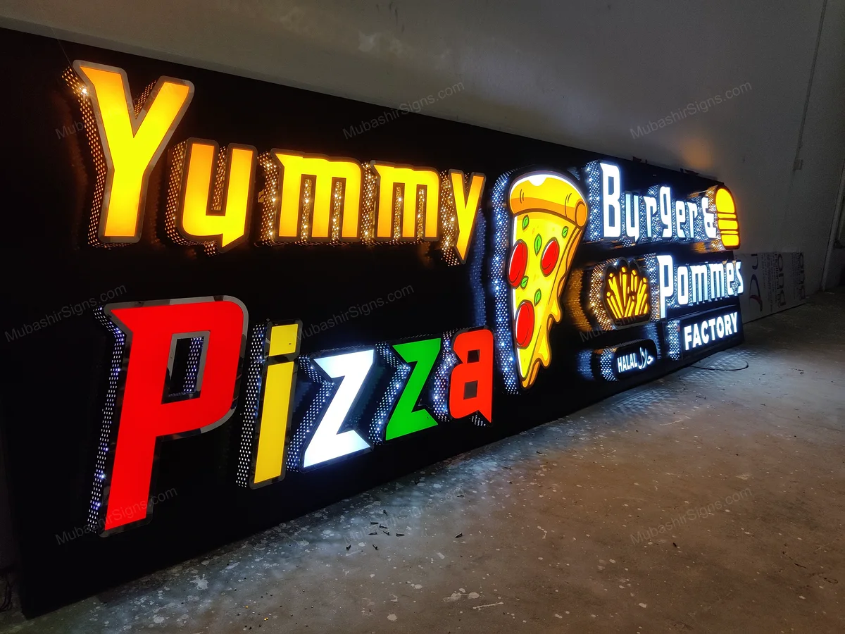 Yummy Pizza & Burger Pommes custom sign